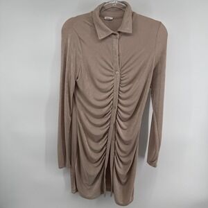 COTTON ON Ruched Button Front Long Sleeve Shirt Dress Taupe XL